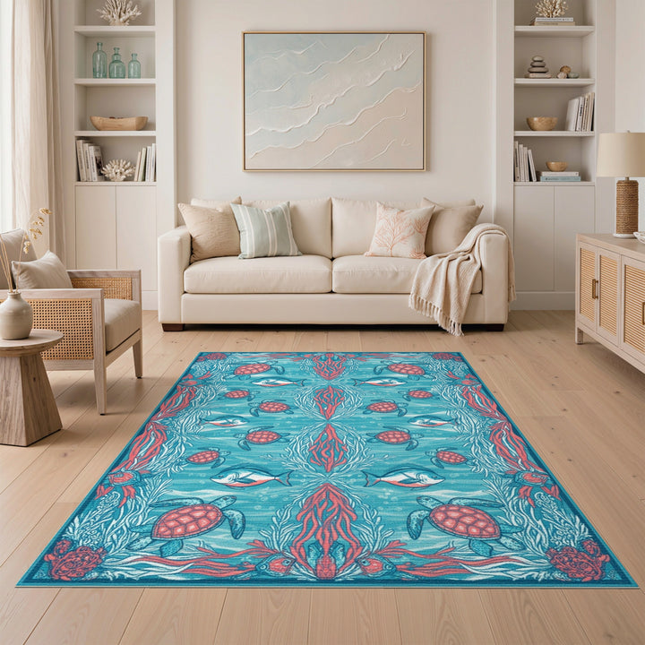 Blue Teal Sea Turtle Coastal Blue and Teal Area Rug