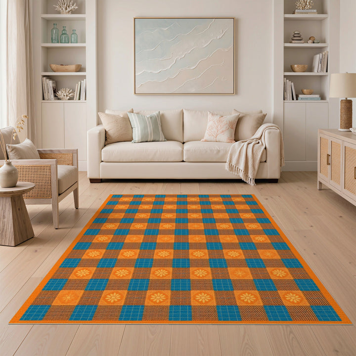ODIKA Orange Checkered Floral Area Rug
