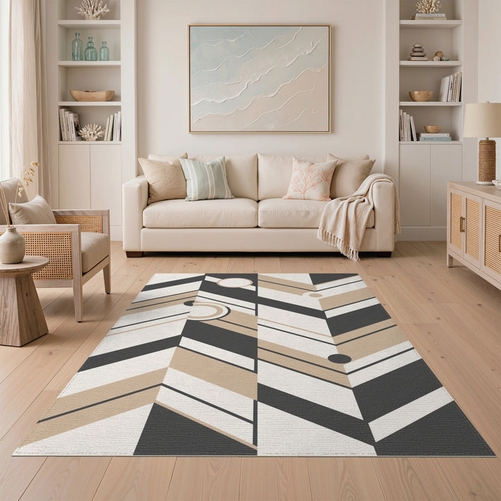 Beige Black Geometric Chevron Area Rug