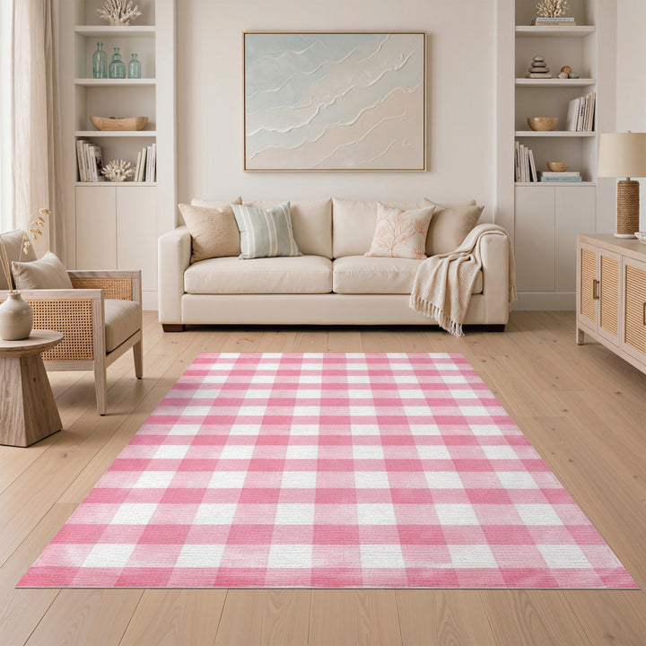 Geometric Modern Pink Gingham Checkered Washable Area Rug