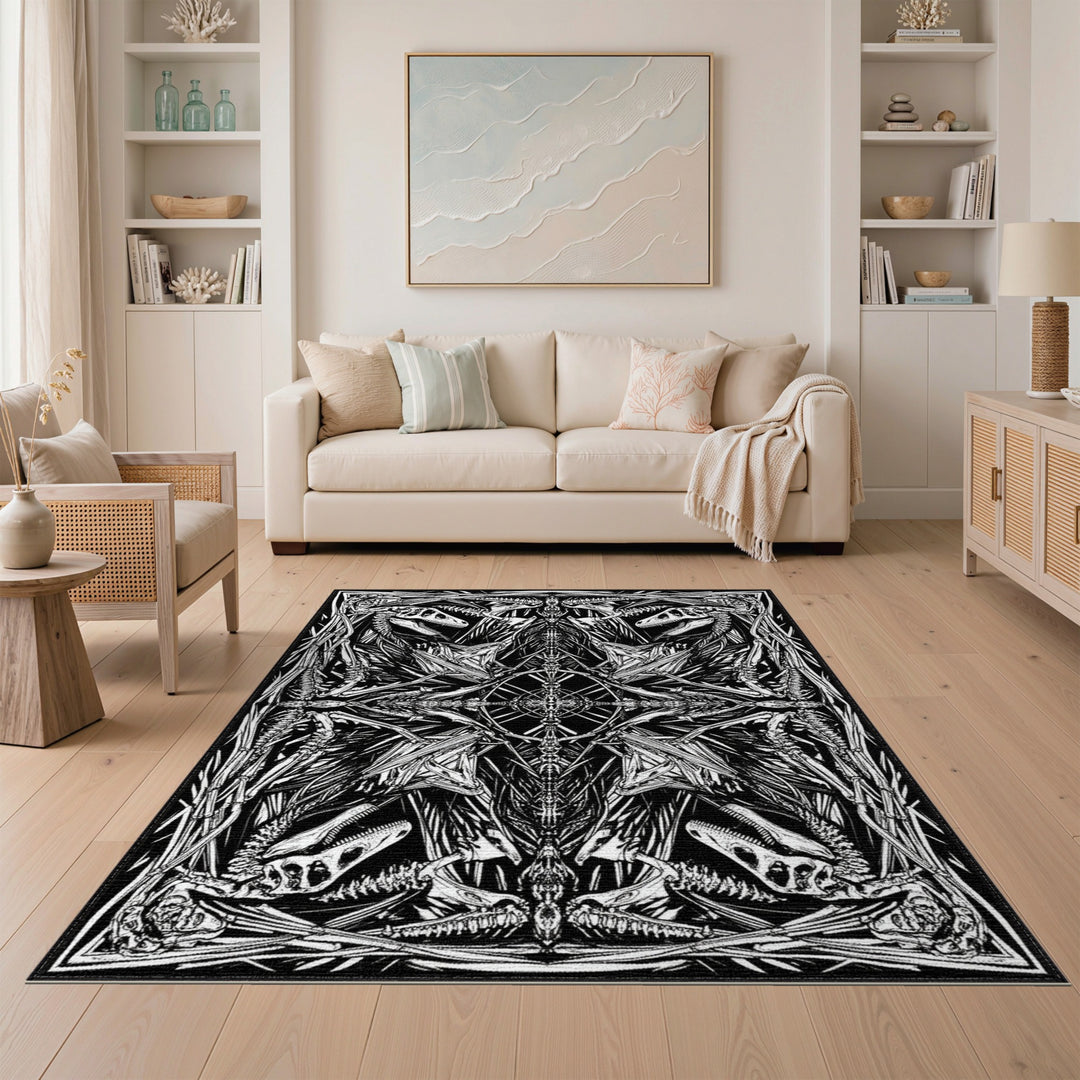 Black and White Dinosaur Skeleton Geometric Area Rug
