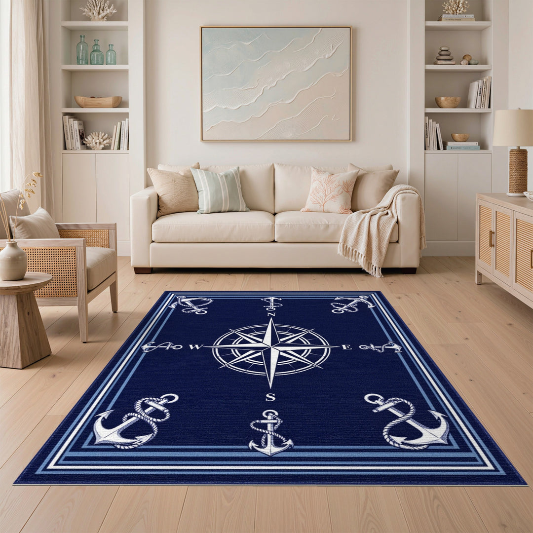 Navy Compass Anchor Coastal Area Rug