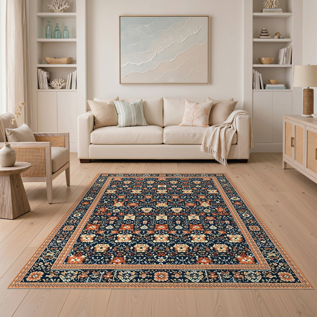 Navy Traditional Persian Navy Blue Floral Persian Area Rug