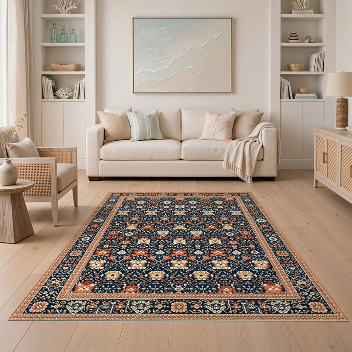 Navy Traditional Persian Navy Blue Floral Persian Area Rug