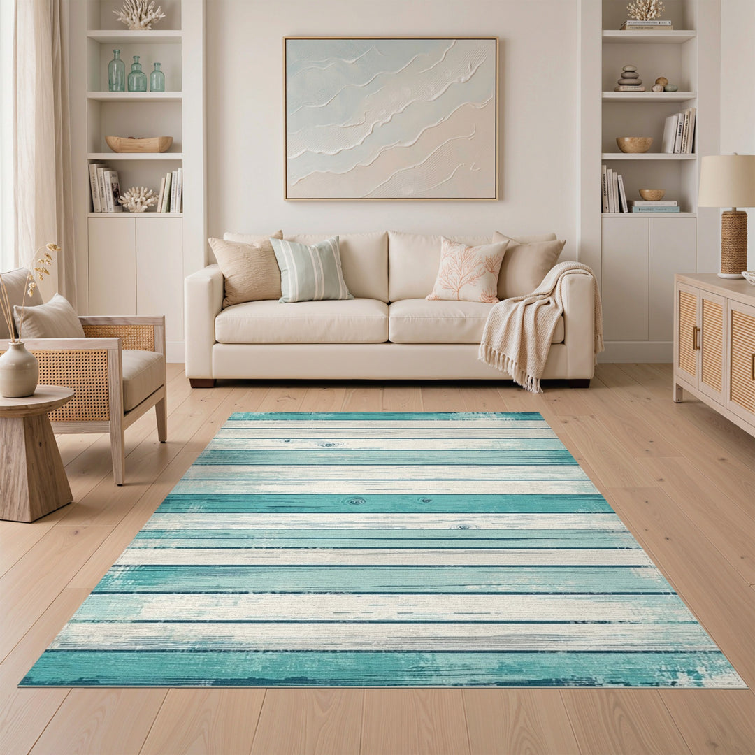 Distressed Teal Wood Plank Washable Area Rug