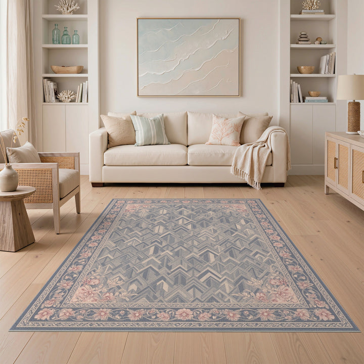 Blue Chevron Geometric Area Rug with Floral Border