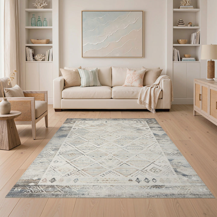 Blue Distressed Tribal Diamond Area Rug