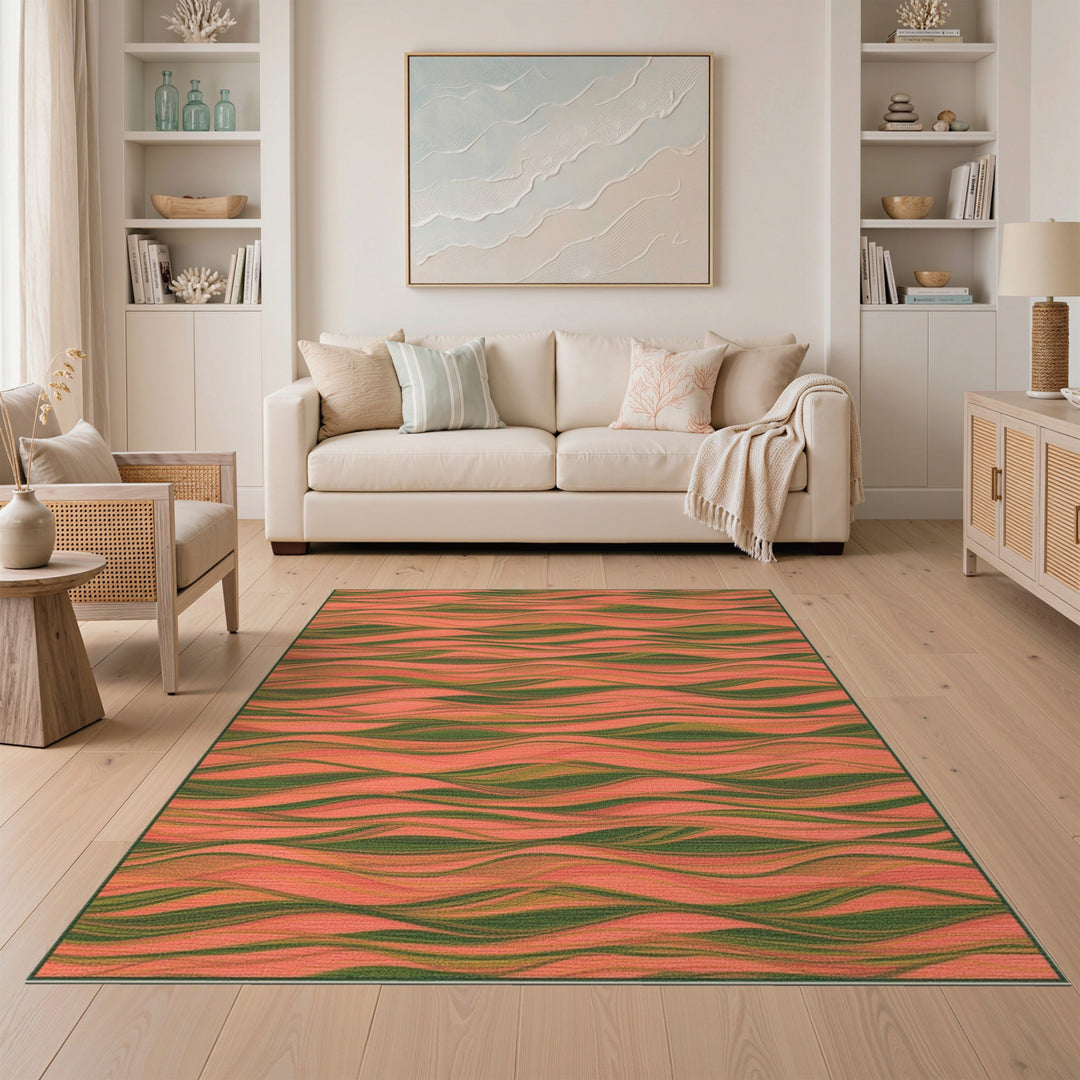 Coral Wave Pink Green Area Rug