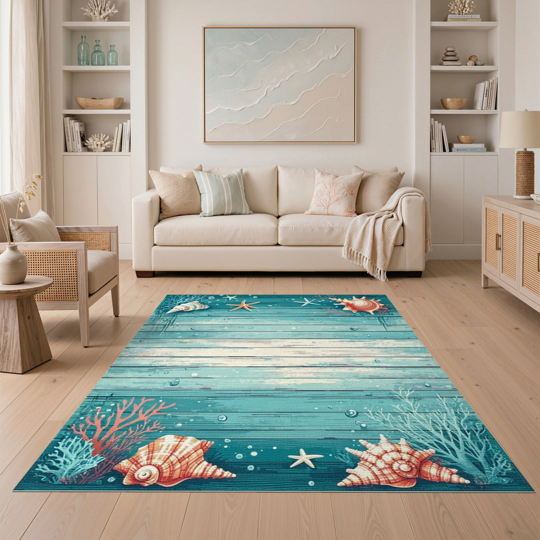 Seashell Starfish Teal Coastal Area Rug