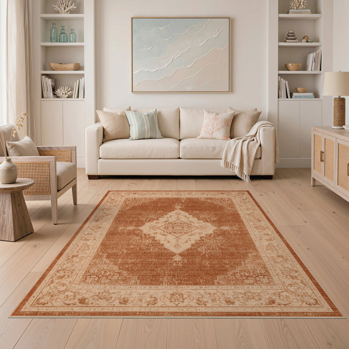 Distressed Vintage Medallion Area Rug in Brown Tan