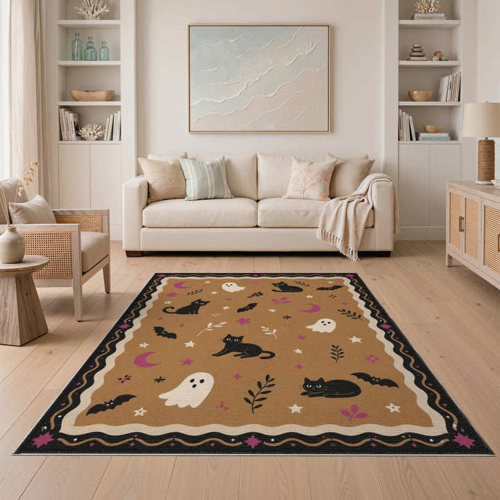 Brown Halloween Black Cats Ghosts Washable Area Rug