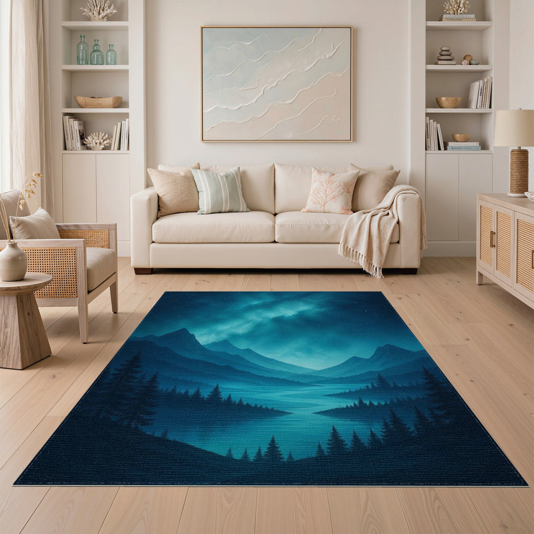 Blue Teal Mountain Lake Area Rug