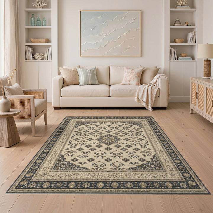 Traditional Persian Beige and Neutral Beige Persian Medallion Area Rug