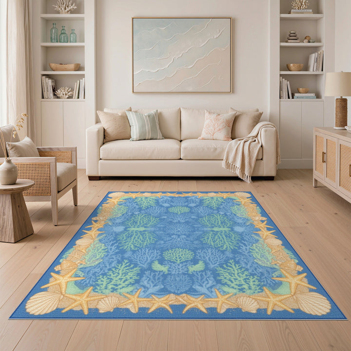Coastal Beach Blue Coral Reef Coastal Area Rug