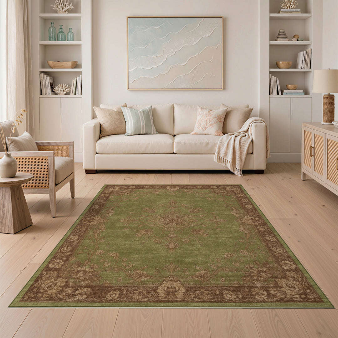 Green Floral Vintage Area Rug