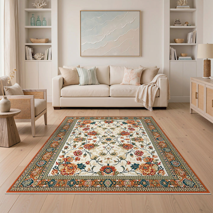 Vintage Floral Orange Teal Area Rug