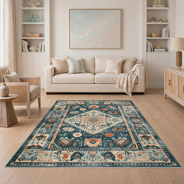Distressed Vintage Blue Teal Floral Area Rug