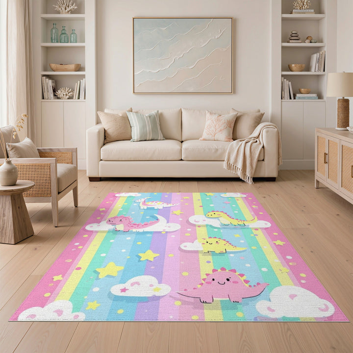 Multi-color and Patterns Rainbow Dinosaur Kids Area Rug