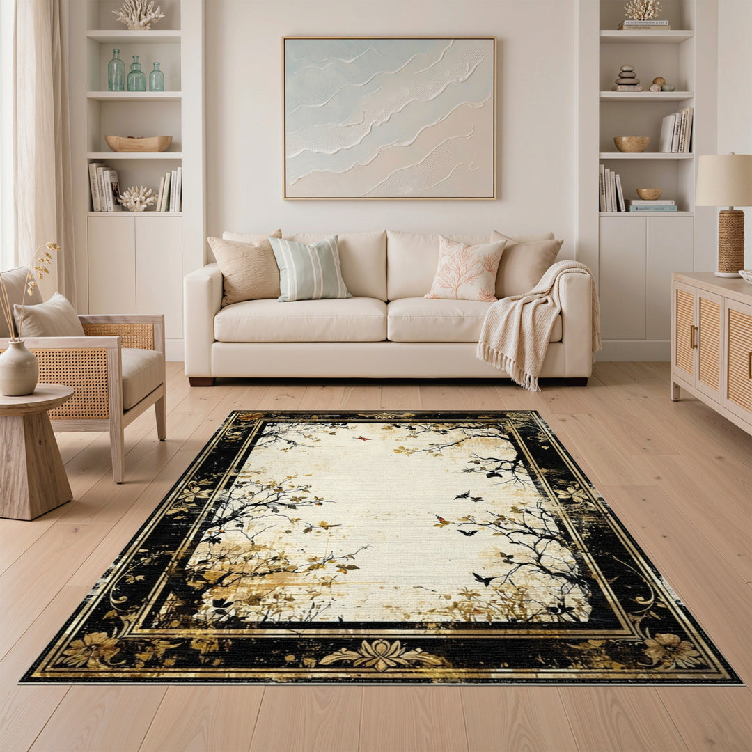 Distressed Vintage Butterfly Branch Beige Area Rug