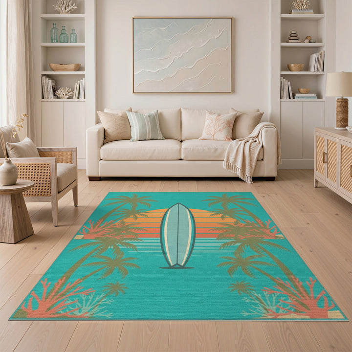 Blue and Teal Retro Surfboard Coastal Area Rug