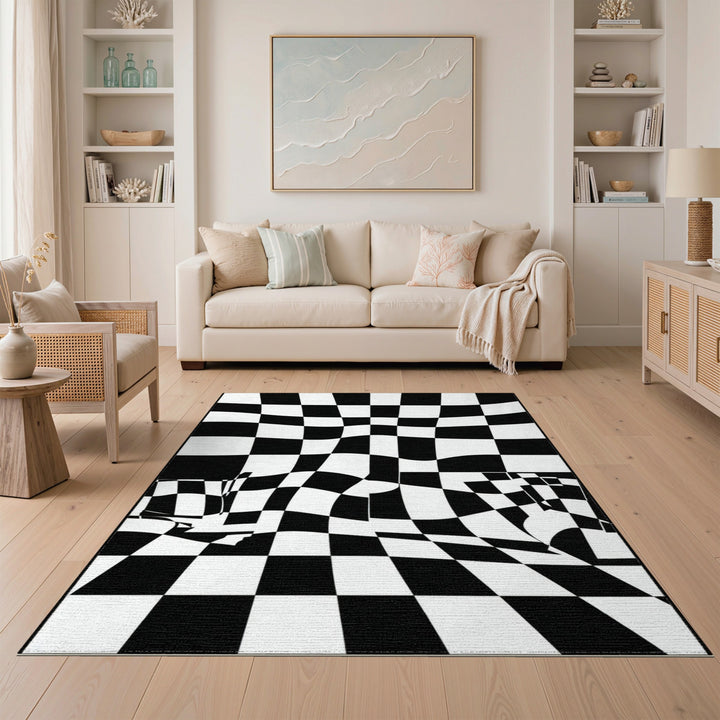 Black White Wavy Checkered Area Rug