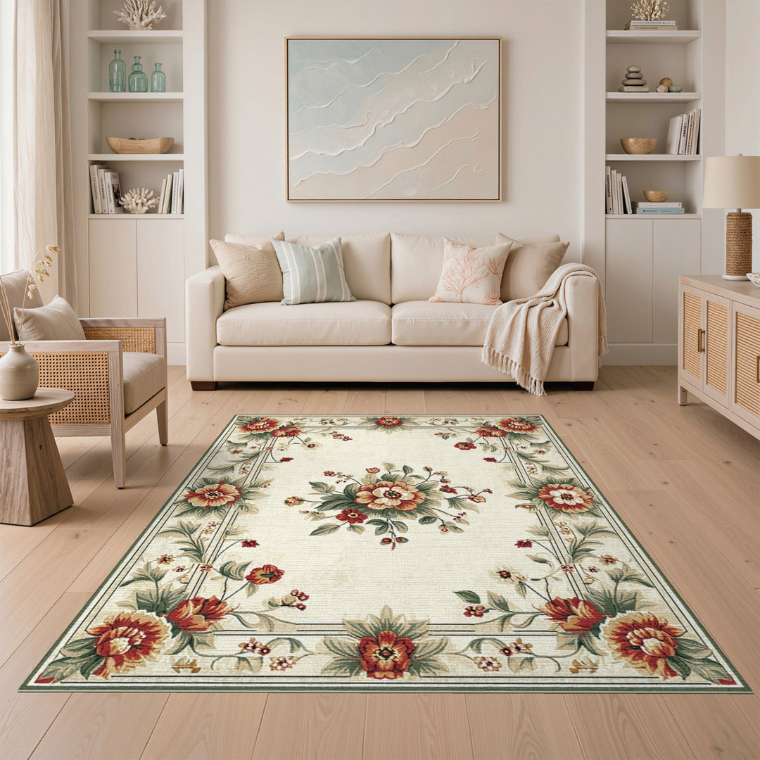 Vintage Floral Beige Area Rug with Red Peonies