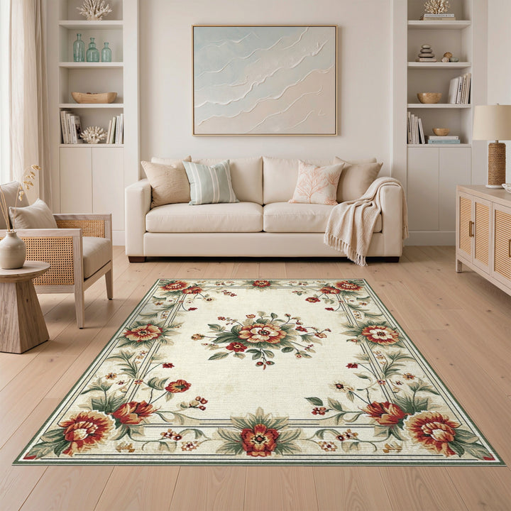 Vintage Floral Beige Area Rug with Red Peonies