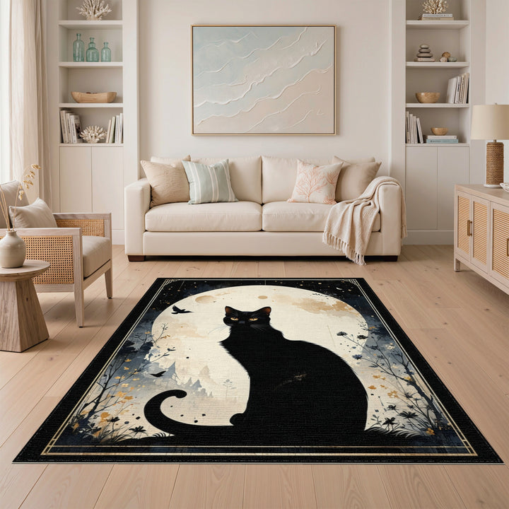 Distressed Vintage Black Cat Moon Silhouette Area Rug