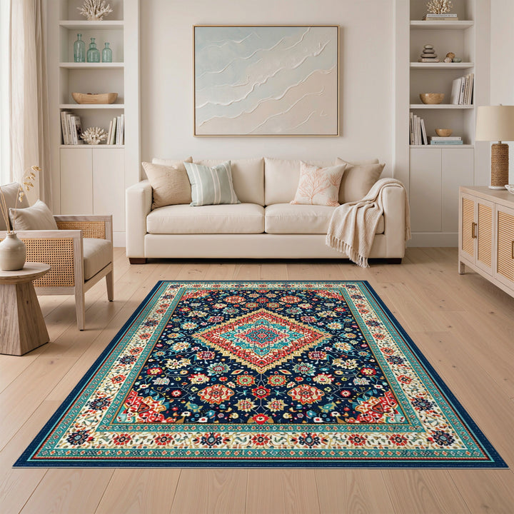 Navy Blue Teal Persian Medallion Area Rug