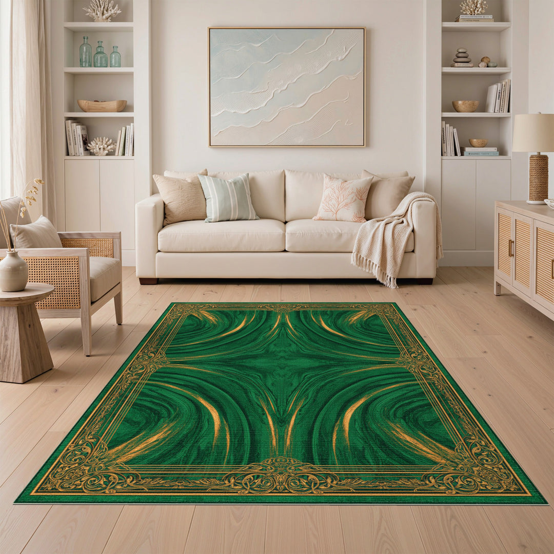 Green Marble Swirl Area Rug with Gold Ornate Border