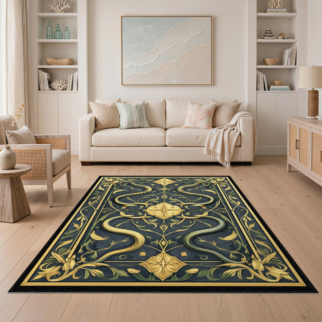 Golden Serpents Floral Navy Area Rug
