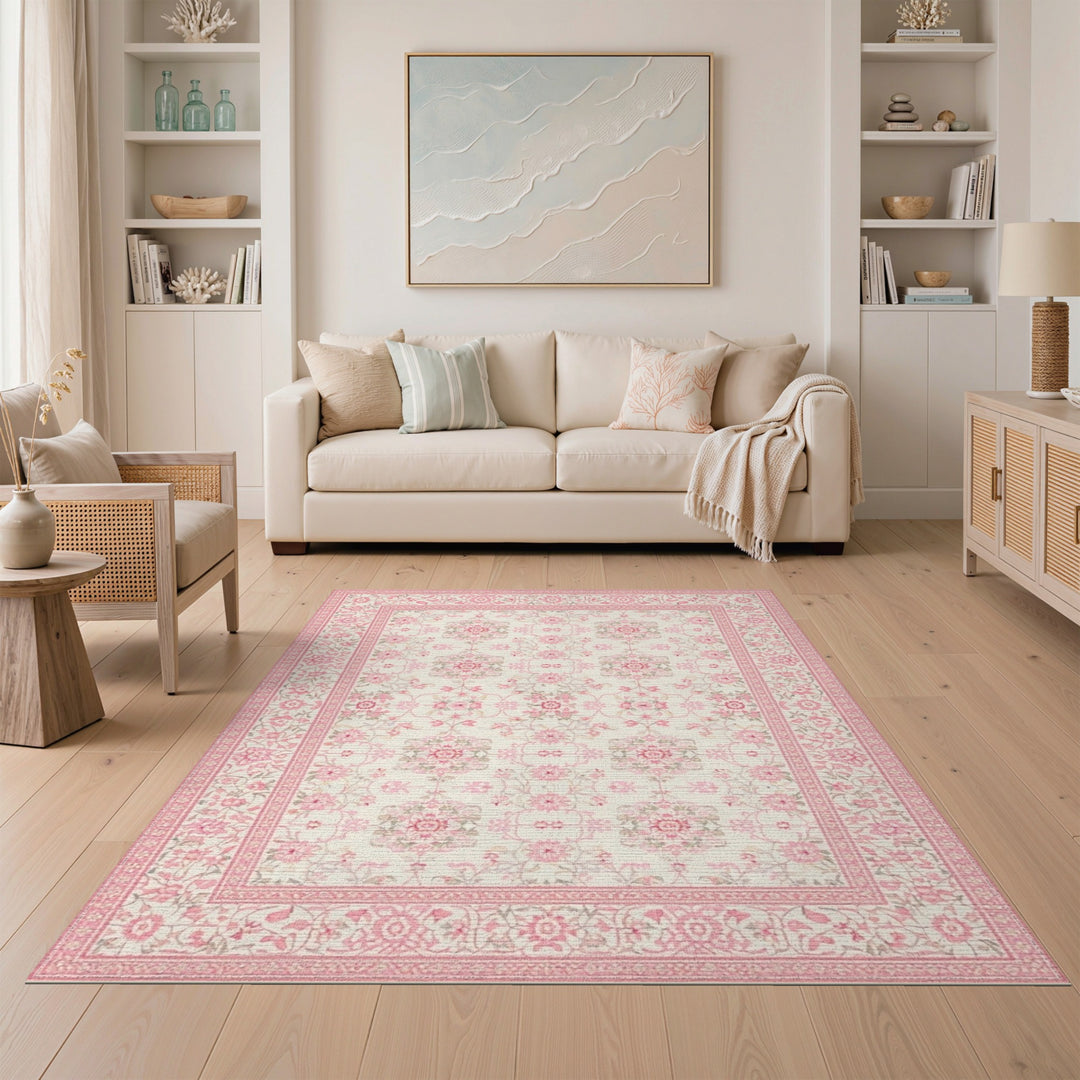 Pink Floral Vintage Washable Area Rug