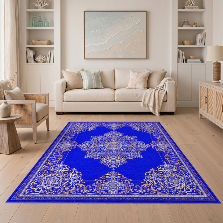 Blue and Teal Blue Gold Traditional Persian Area Rug