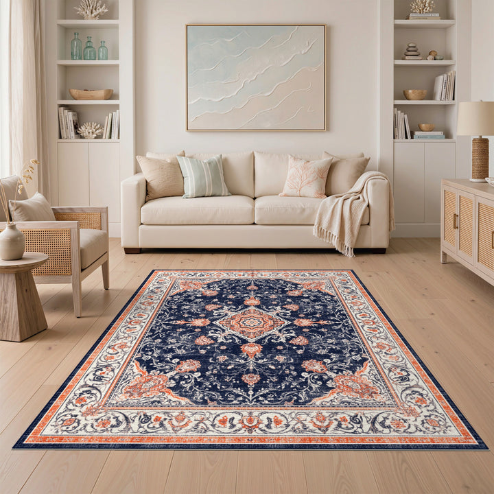 Blue and Teal Navy Blue Floral Traditional Persian Area Rug