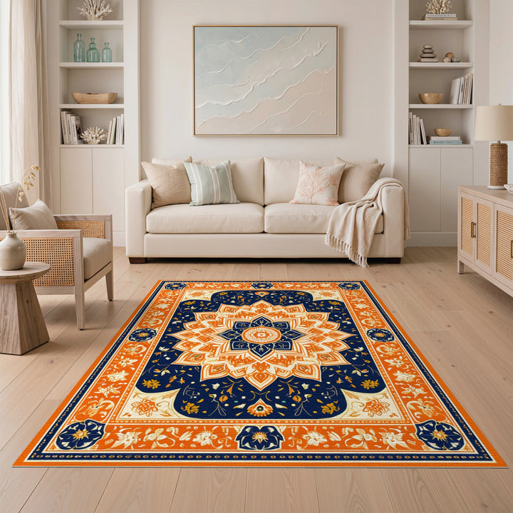 Orange Floral Mandala Navy Area Rug
