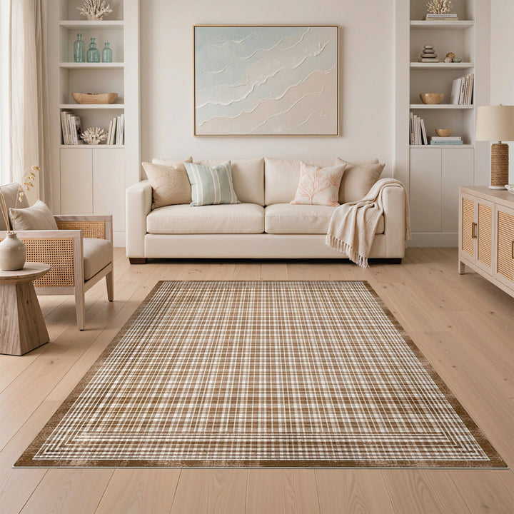 Vintage Brown Gingham Checkered Area Rug