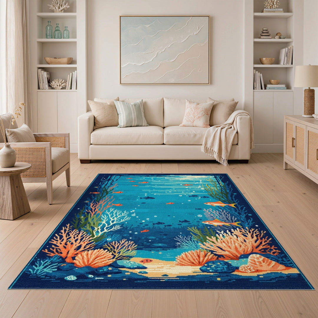 Underwater Coral Fish Blue Teal Area Rug