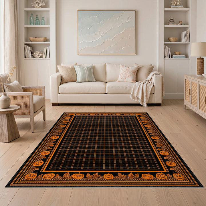 Orange Pumpkin Halloween Grid Area Rug