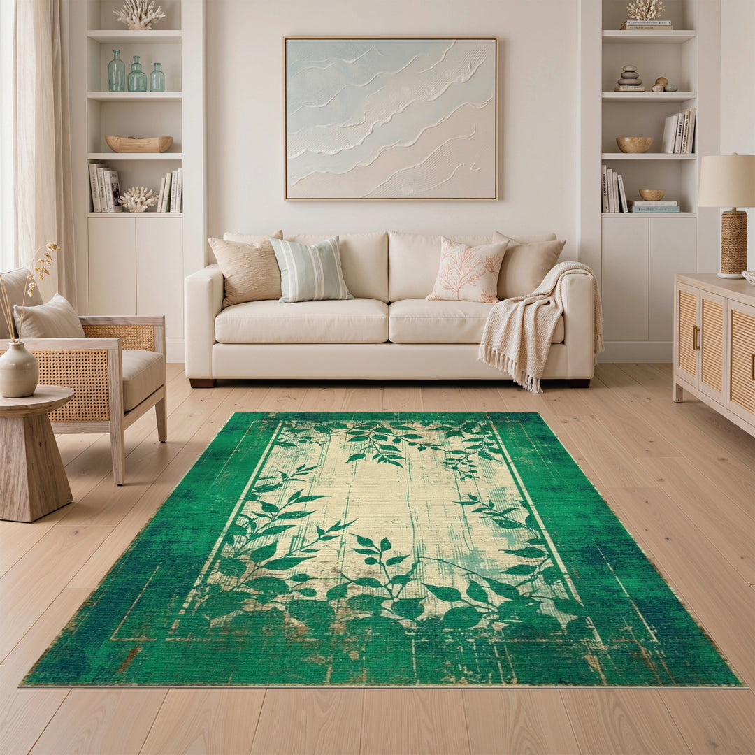 Distressed Vintage Green Distressed Vintage Leaf Area Rug