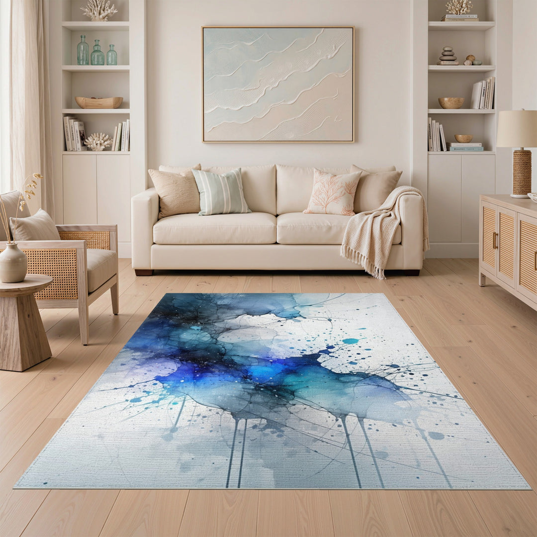 Blue Teal Abstract Ink Area Rug