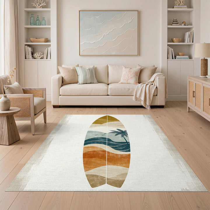 Coastal Surfboard Palm Tree Area Rug