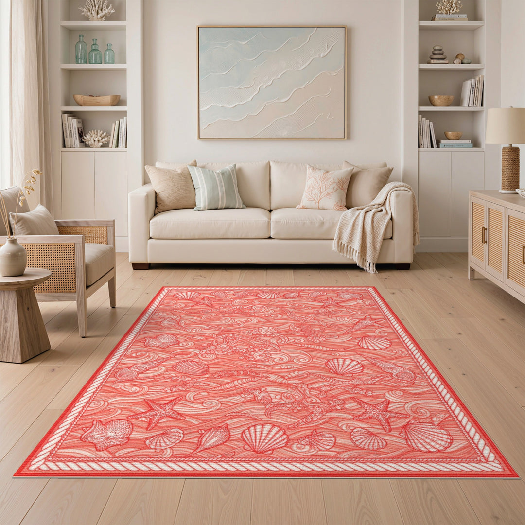 Red Coastal Mermaid Seashell Area Rug