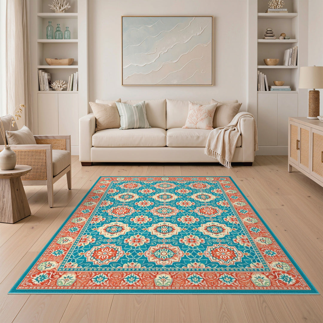 Teal Red Medallion Persian Area Rug