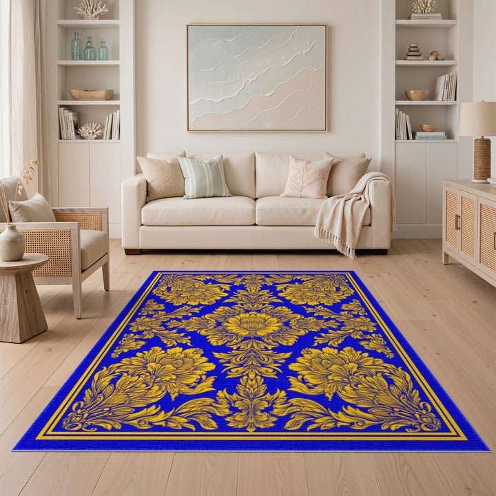 Blue and Gold Floral Vintage Area Rug