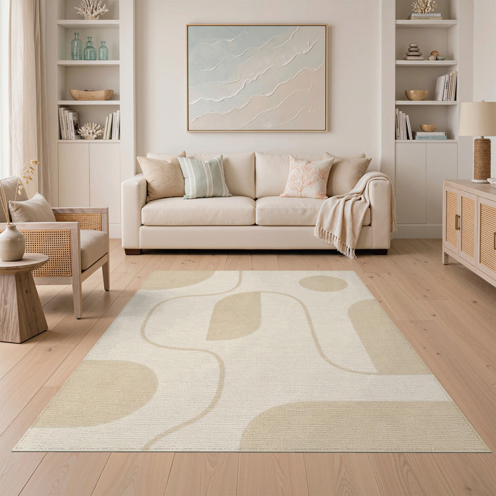 Organic Beige and Neutral Beige Organic Abstract Area Rug