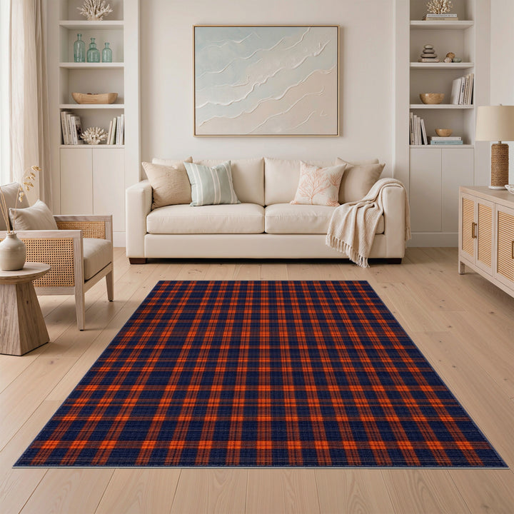 Navy and Orange Plaid Area Rug