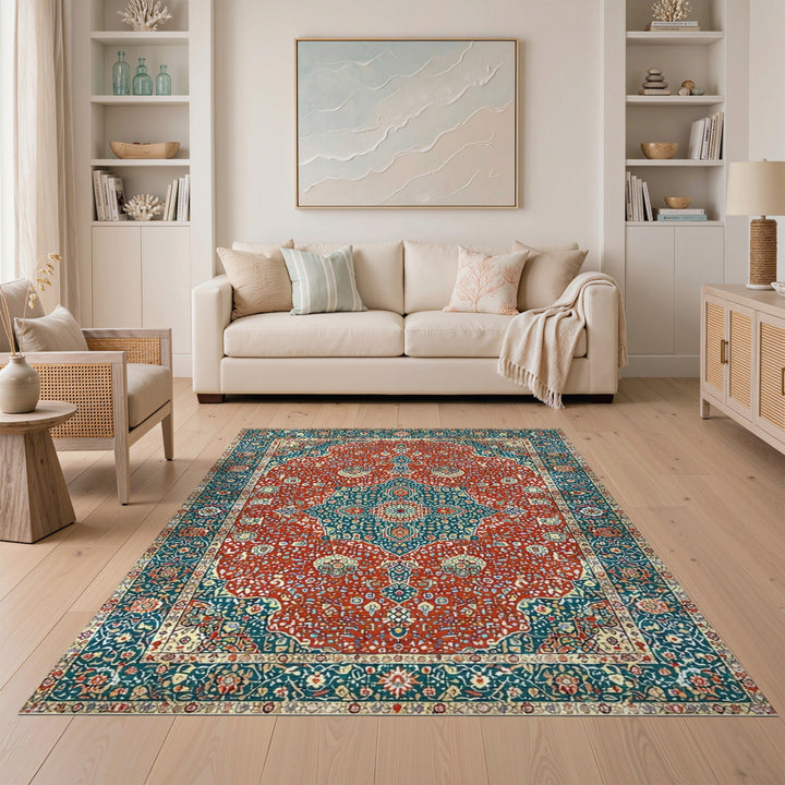Red Traditional Persian Red Teal Persian Medallion Area Rug