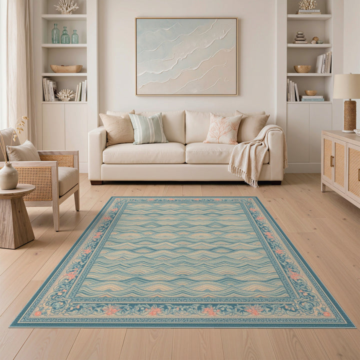 Blue Teal Wave Floral Vintage Area Rug