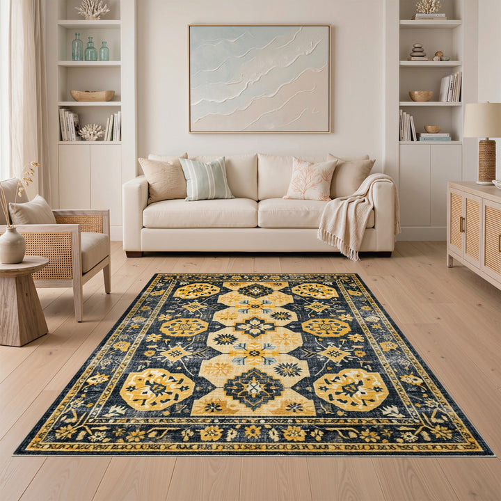 Distressed Navy Yellow Floral Vintage Area Rug