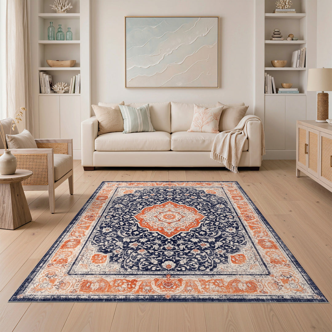 Traditional Persian Navy Orange Medallion Persian Area Rug